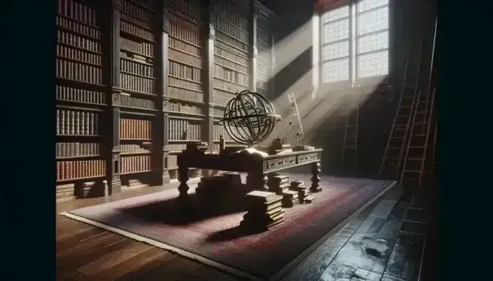 Biblioteca antigua con estanterías de madera oscura llenas de libros, mesa central con libros apilados, escalera con ruedas y esfera armilar metálica bajo luz natural.