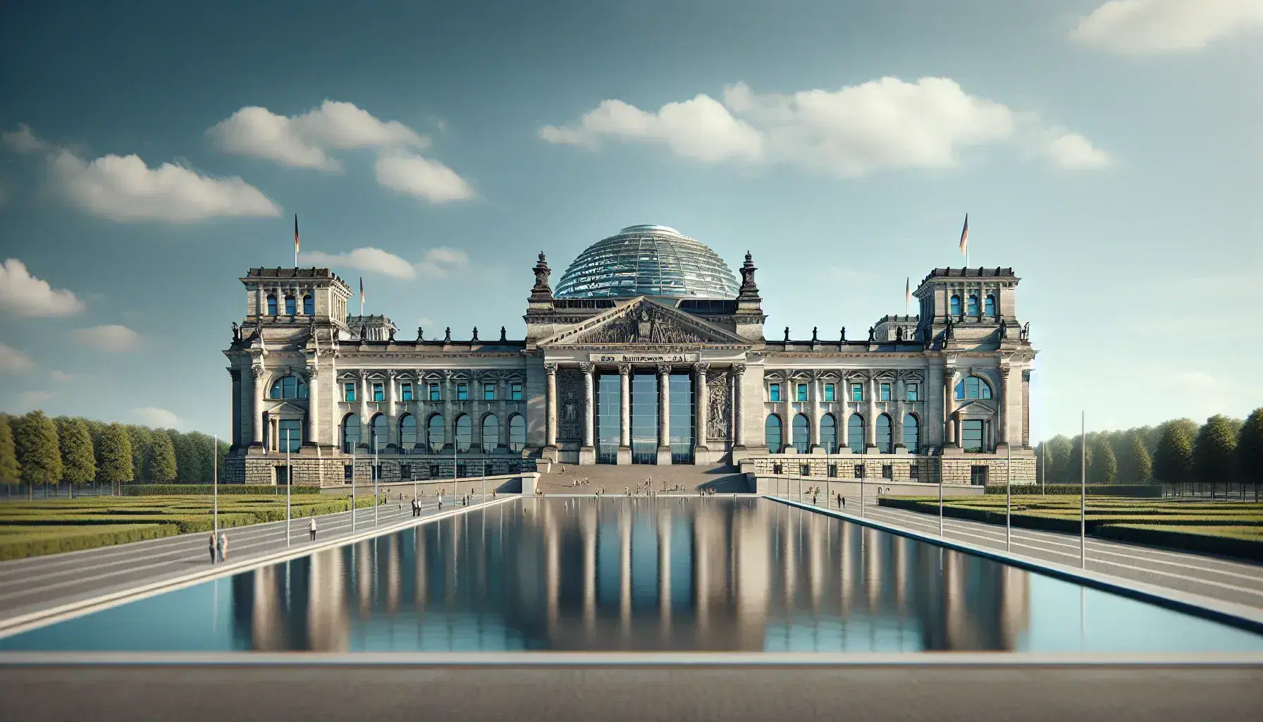 Edificio del Bundestag tedesco con facciata neoclassica e cupola di vetro moderna, riflesso sull'acqua in una giornata serena.