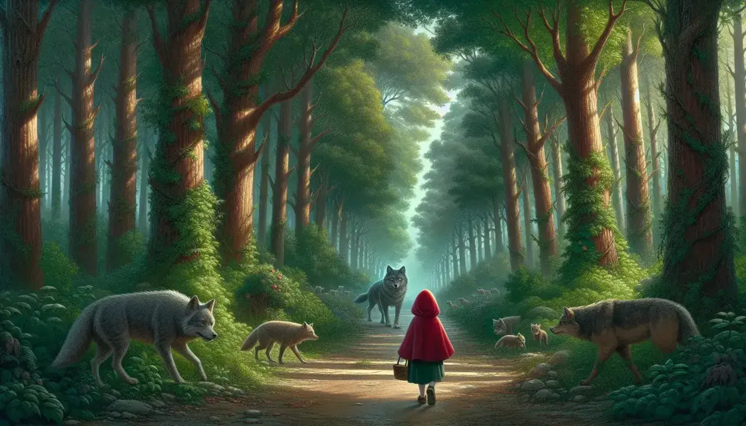 Bambina con cappuccio rosso cammina in foresta seguita da lupo grigio e uomo con fucile, atmosfera di tensione tra luci e ombre.