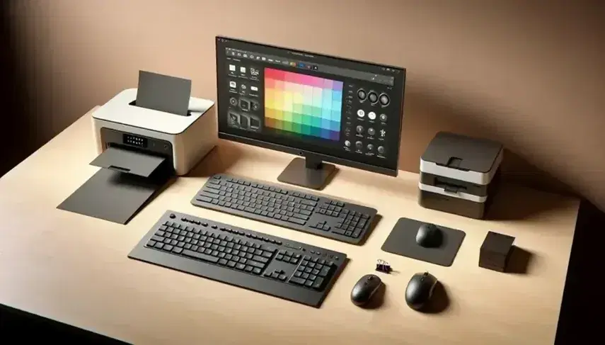 Escritorio de oficina con teclado negro sin letras, ratón óptico, impresora multifunción blanca y negra, monitor con paleta de colores y escáner con tapa cerrada.
