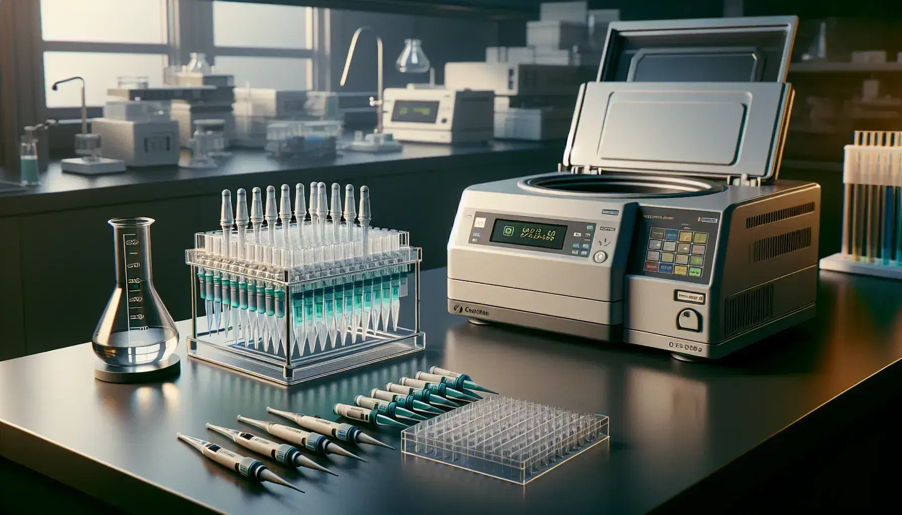 Molecular biology laboratory with microcentrifuge, graduated pipettes, thermocycler for PCR and electrophoresis gel on workbench.