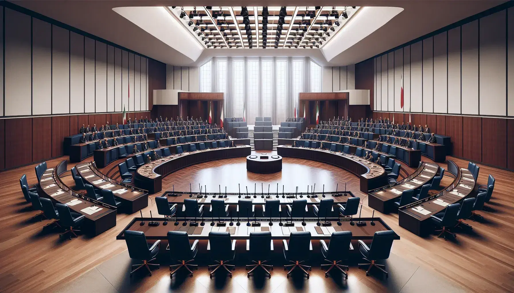 Vista interna di una sala consiliare regionale italiana con scrivanie semicircolari in legno scuro, microfoni neri, sedie in pelle blu e tappeto rosso.