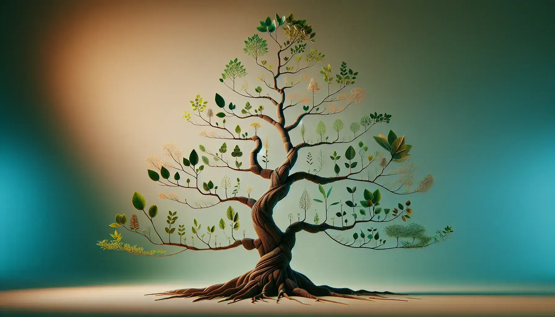 Albero filogenetico tridimensionale con rami che si diramano da un tronco marrone scuro e foglie verdi su sfondo sfumato blu-verde.