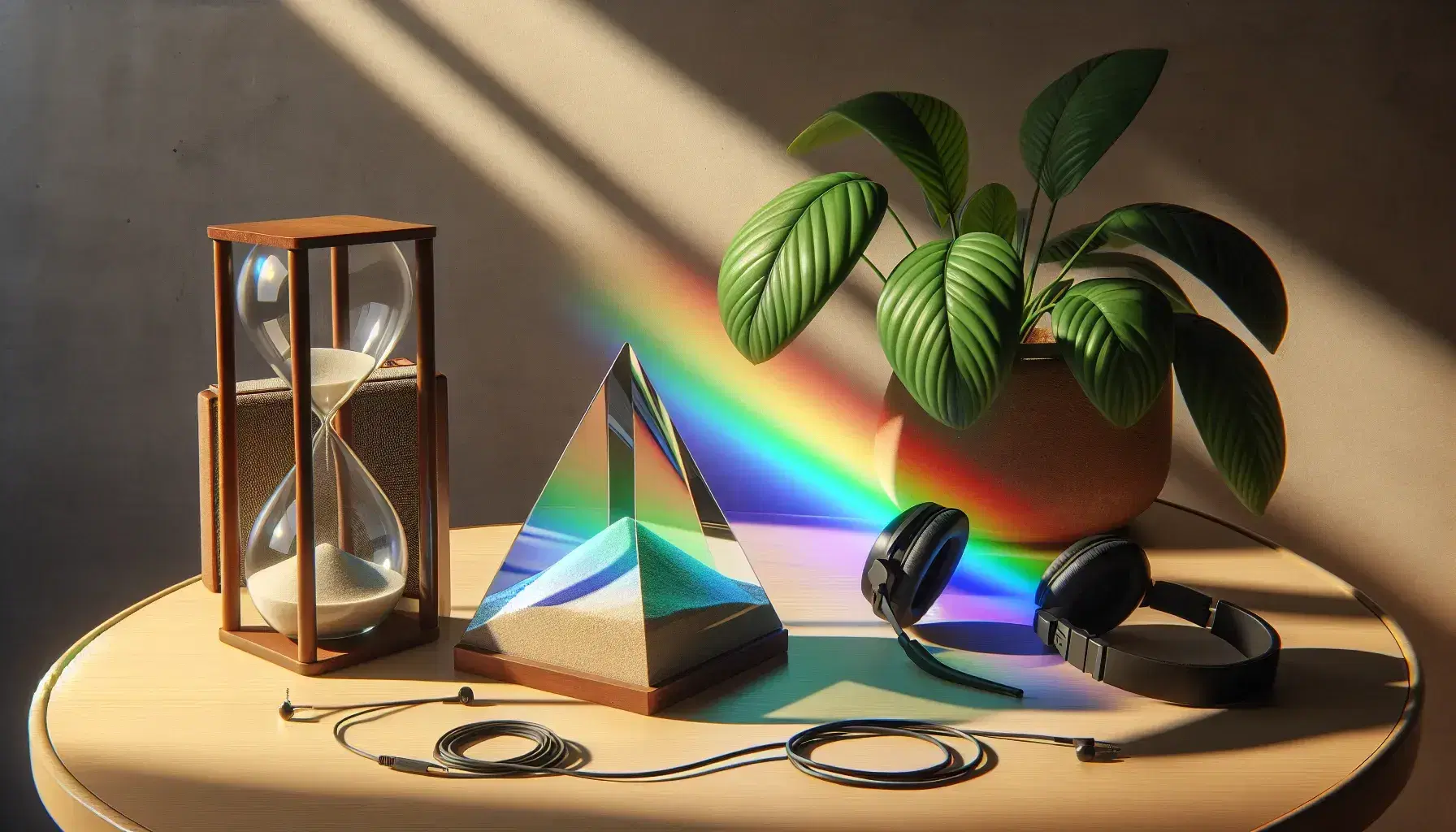 Prisma de vidrio refractando luz en espectro de colores sobre mesa de madera, con reloj de arena y auriculares negros al lado, planta verde al fondo.