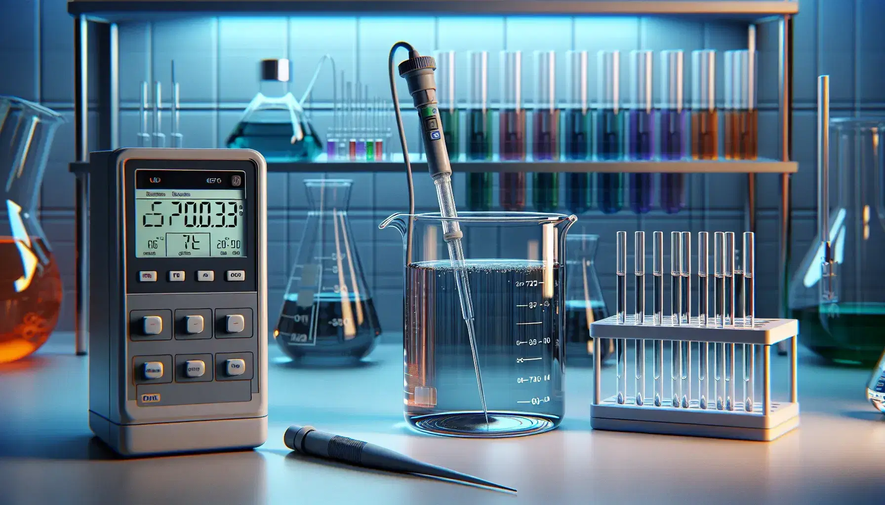 Laboratory with digital pH meter and electrode in beaker with colorless solution, colored pipettes and Eppendorf tubes on workbench.