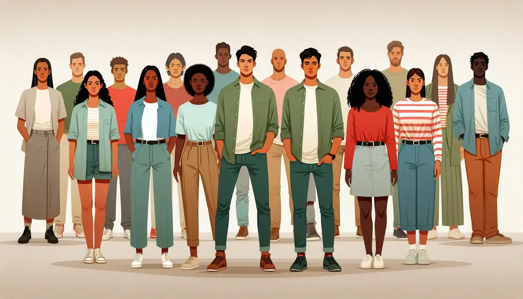 Grupo diverso de personas en semi-círculo con enfoque común, destacando inclusión y unidad, en fondo neutro.
