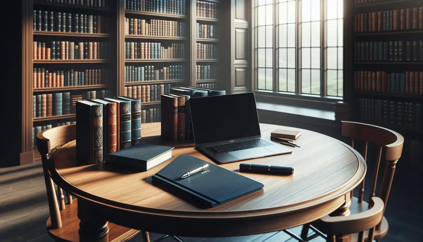 Biblioteca iluminada con estantes de madera oscura llenos de libros, mesa con laptop abierta, libros apilados, cuaderno azul y pluma plateada, ventana grande al fondo.