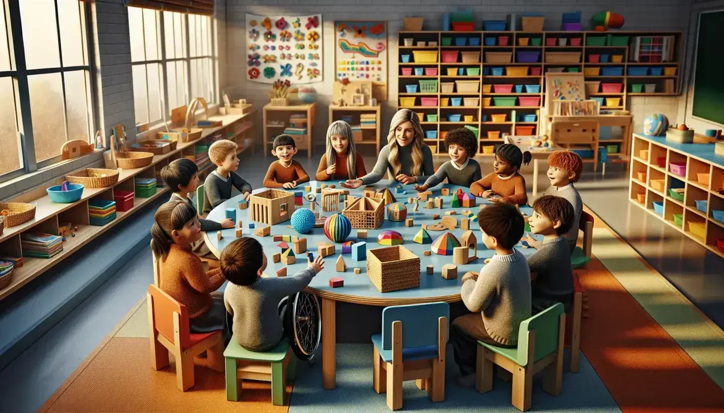 Aula scolastica colorata con studenti di diverse età attorno a un tavolo ovale, manipolando materiali didattici e interagendo con un insegnante.