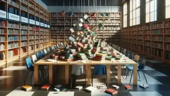 Biblioteca scolastica con tavolo in legno chiaro, sedie blu, libri colorati aperti, fogli sparsi e penne, scaffali pieni e luce naturale.
