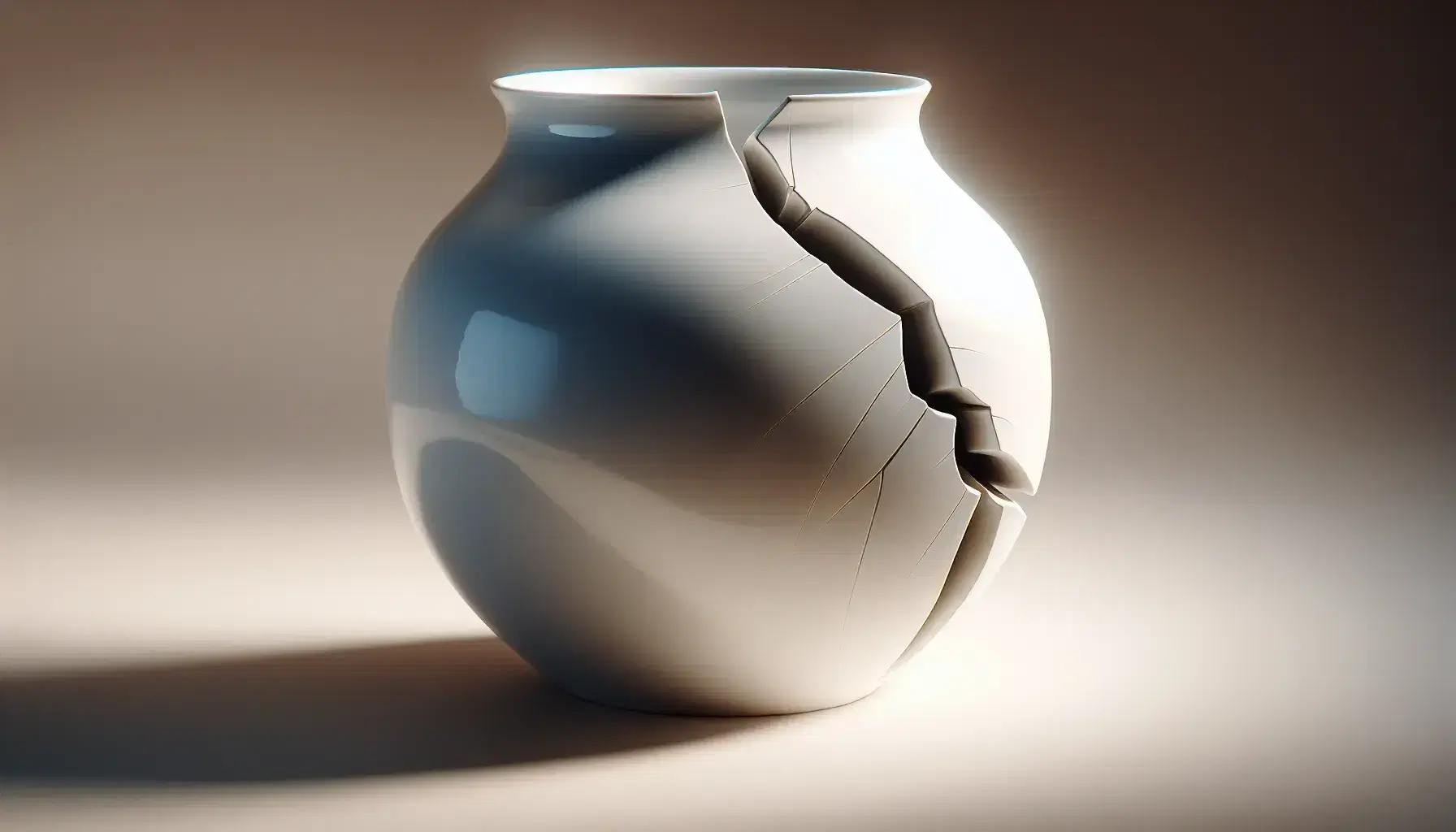 Close-up view of a white porcelain vase with a prominent jagged crack, reflecting light, against a soft beige gradient background.