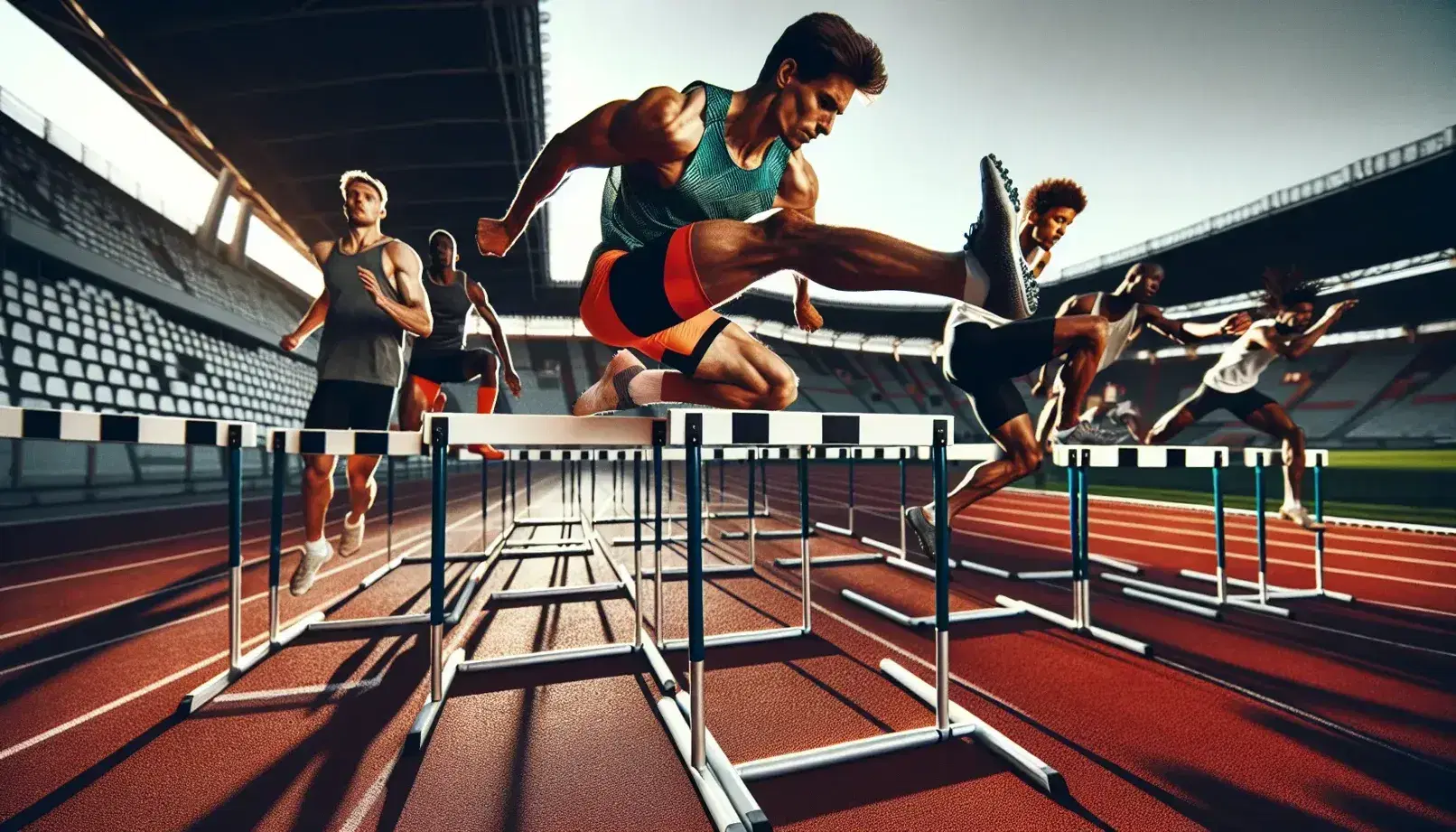 Atletas entrenando en pista de atletismo, saltando vallas, con enfoque en hombre en primer plano y pista rojiza y cielo despejado al fondo.