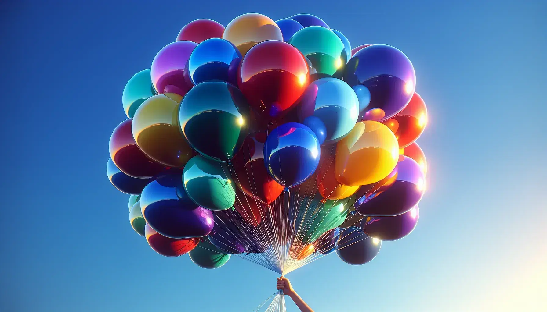 Group of inflated colorful balloons, tied together, float against a clear blue sky, reflecting sunlight.