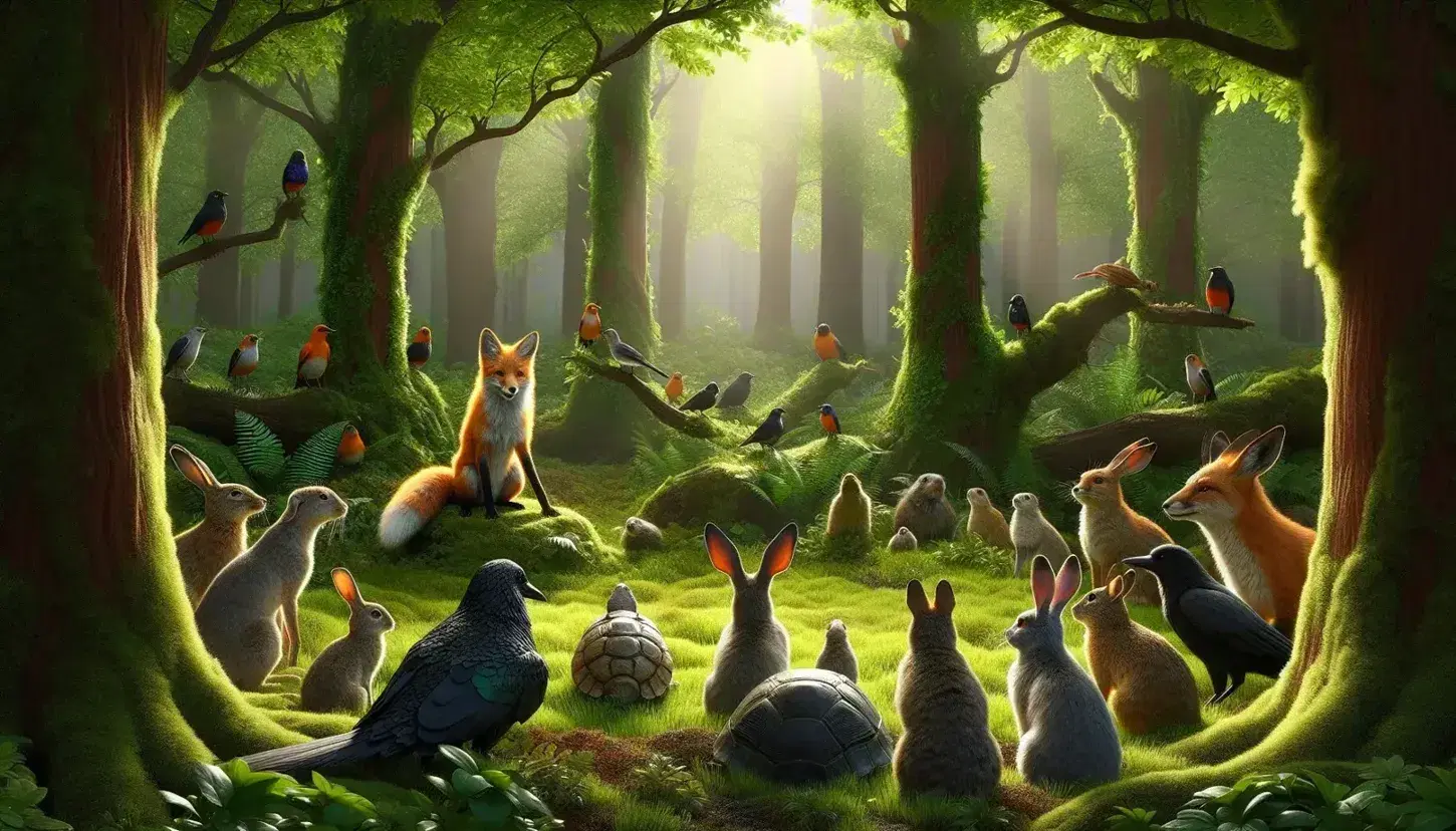 Volpe arancione narra una storia a un circolo di animali del bosco, tra cui lepre, corvo, tartaruga e uccelli, in una foresta rigogliosa.