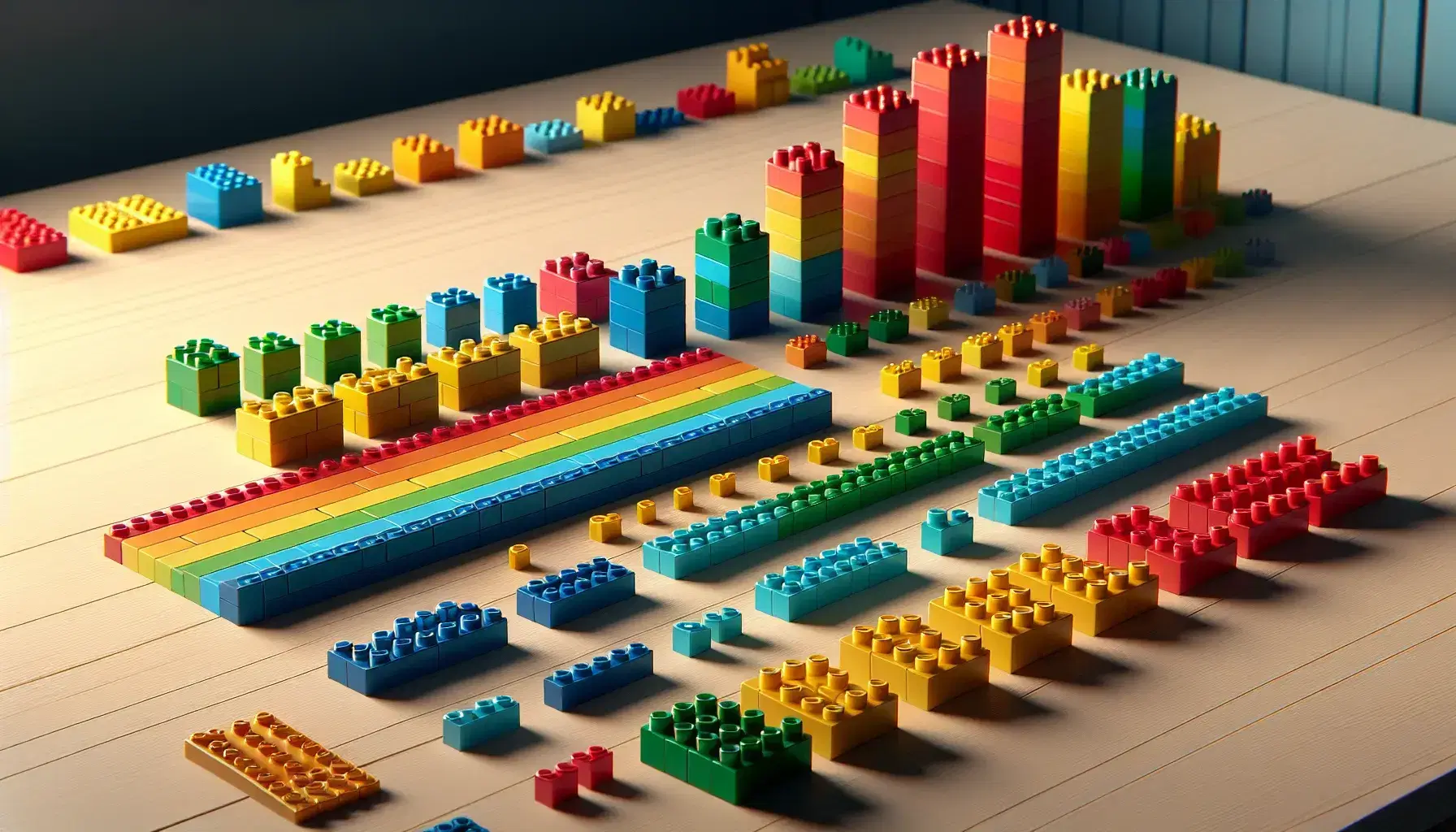 Mattoncini colorati in plastica su tavolo di legno, con torri e file in rosso, blu, giallo e verde, in composizione ordinata.