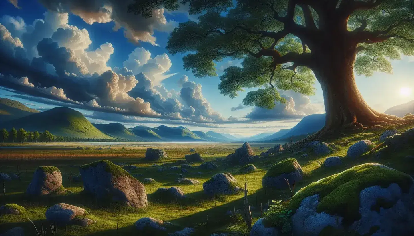 Paisaje natural con rocas musgosas en primer plano, campo de hierba verde, árbol frondoso y montañas en la distancia bajo cielo azul con nubes dispersas.