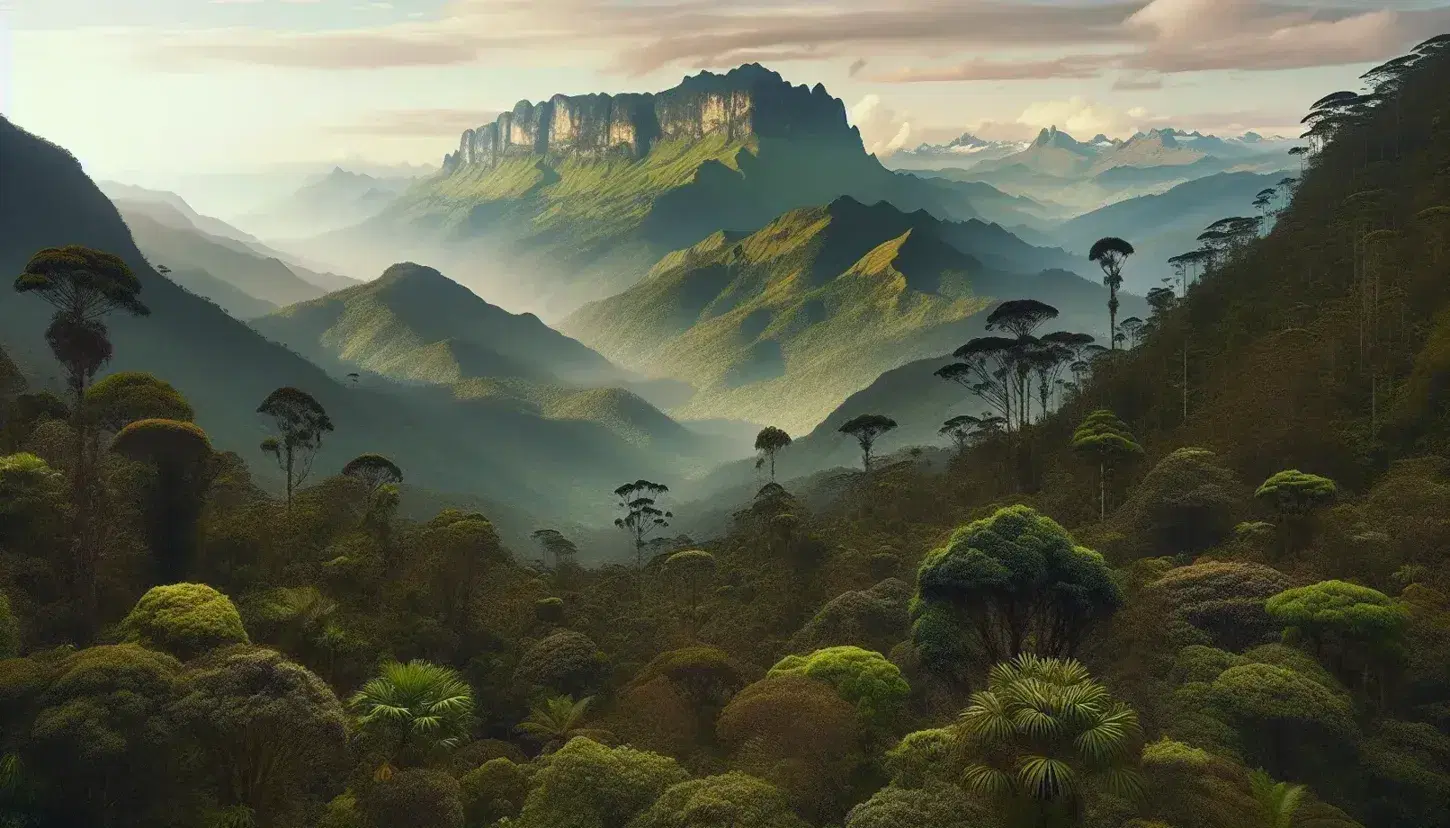 Paisaje montañoso colombiano con exuberante vegetación verde, montañas parcialmente nubladas y cielo azul degradado, reflejando diversidad natural y climática.