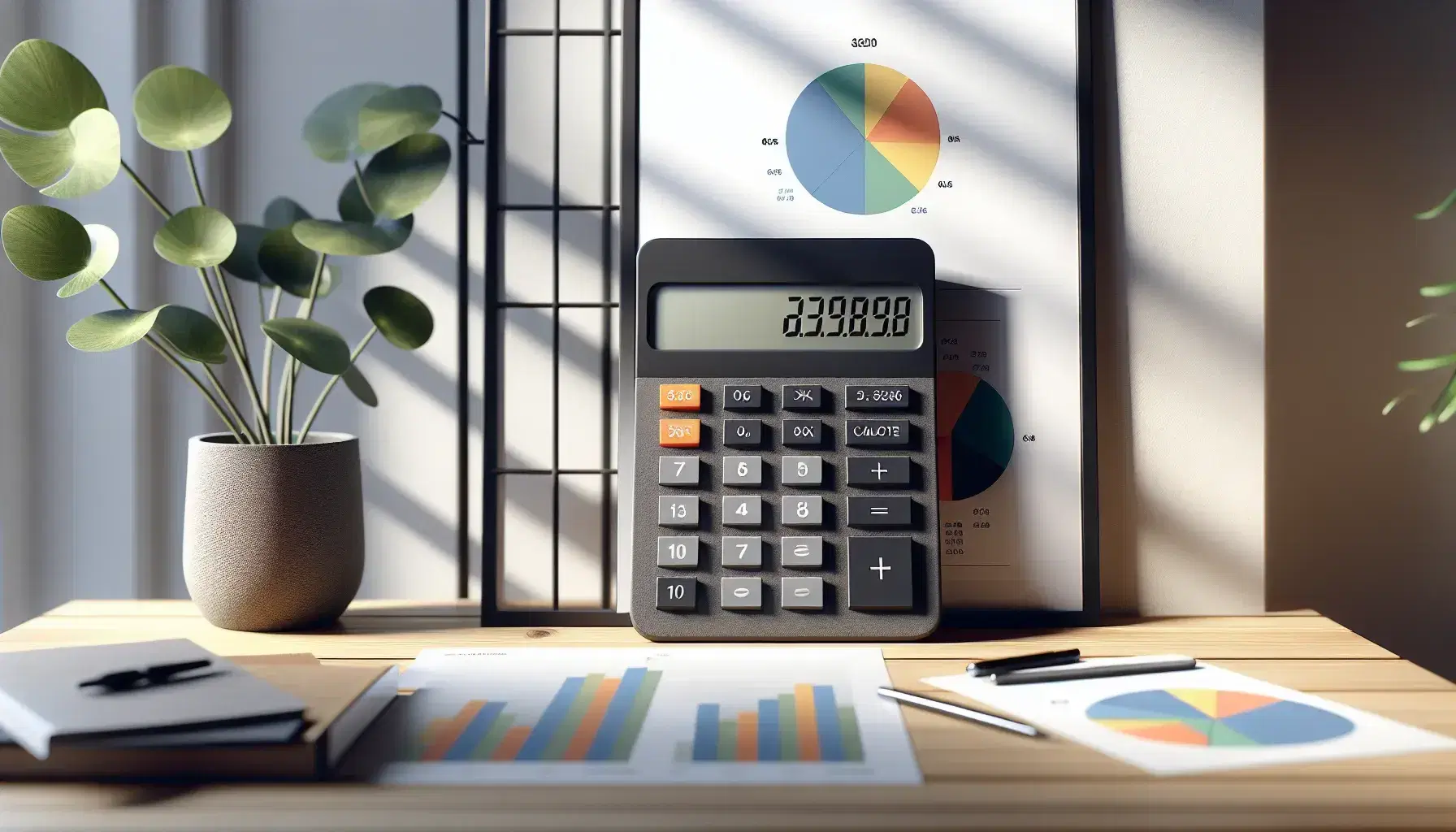 Calculadora científica gris sobre mesa de madera con gráficos circulares sin texto al lado y planta desenfocada al fondo, iluminación natural.
