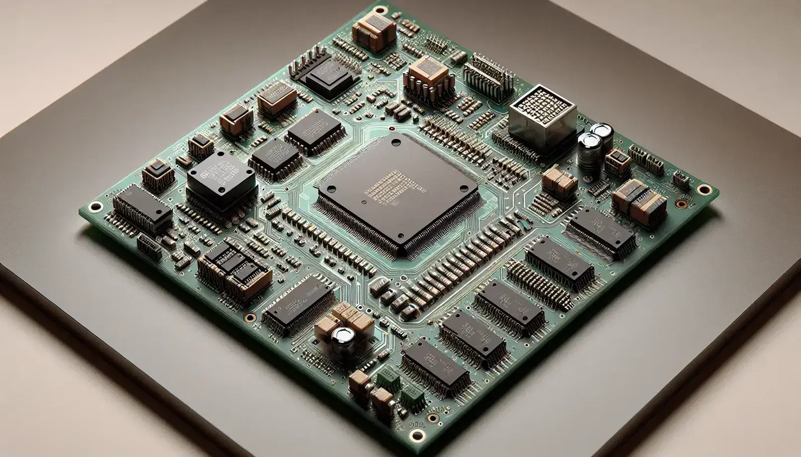 FPGA development board with BGA core chip, SMD electronic components, metal connectors and bundle of colored wires on uniform surface.