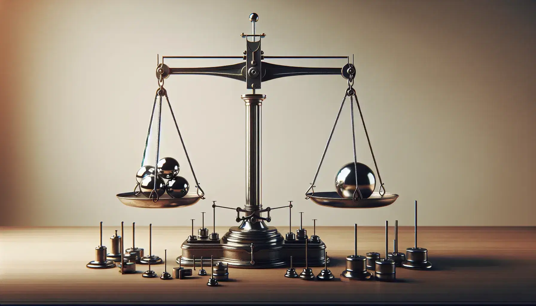 Bilancia di precisione a bracci uguali con pesi calibrati e sfera metallica in equilibrio su tavolo in legno, sfondo neutro.