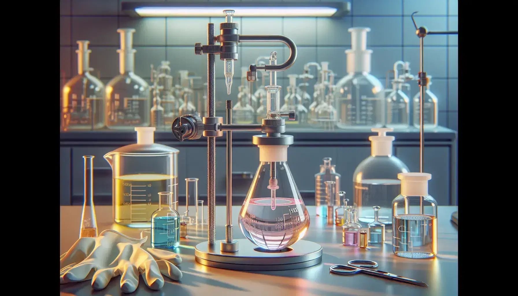 Laboratorio con experimento de titulación ácido-base, bureta con líquido rosa, matraz erlenmeyer con líquido incoloro, guantes, gafas de seguridad y botellas de reactivo.