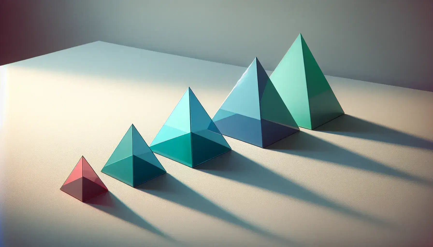 Three triangular prisms in blue, green, and red, arranged by size on a light gray surface, illustrate geometry's scale factor concept.