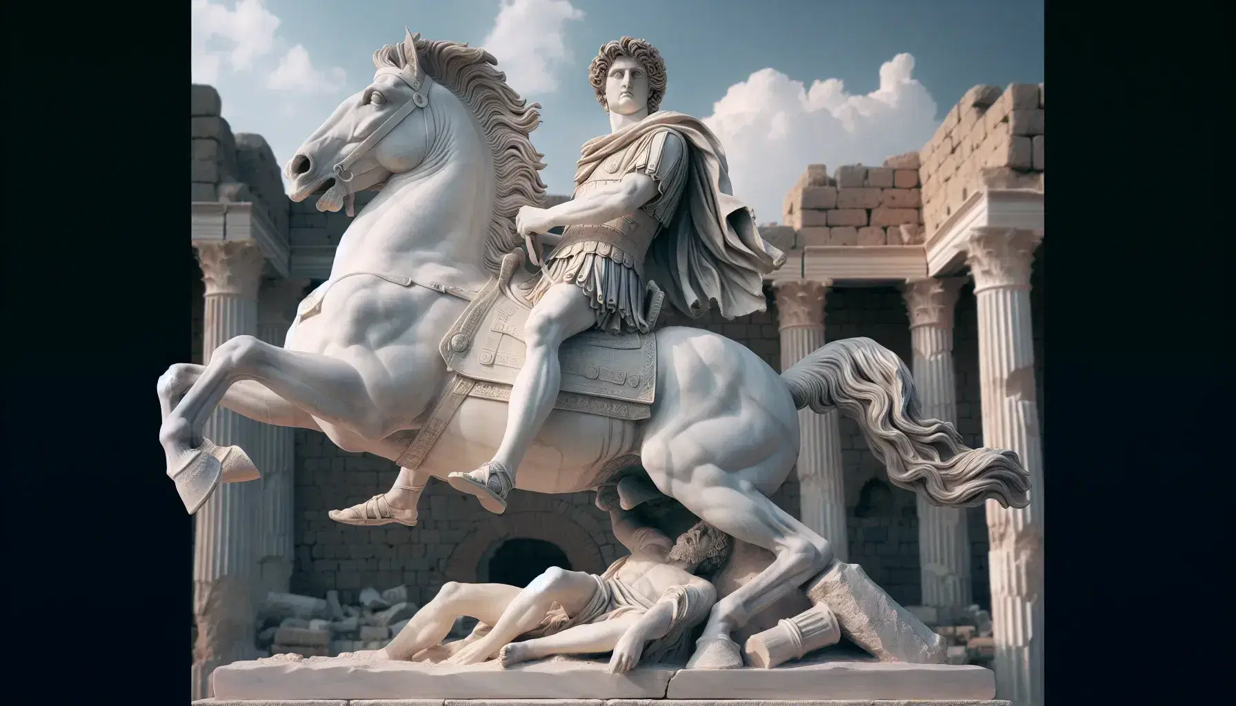 Statua in marmo bianco di comandante storico a cavallo in armatura classica con elmo corinzio, su sfondo di rovine antiche e cielo azzurro.