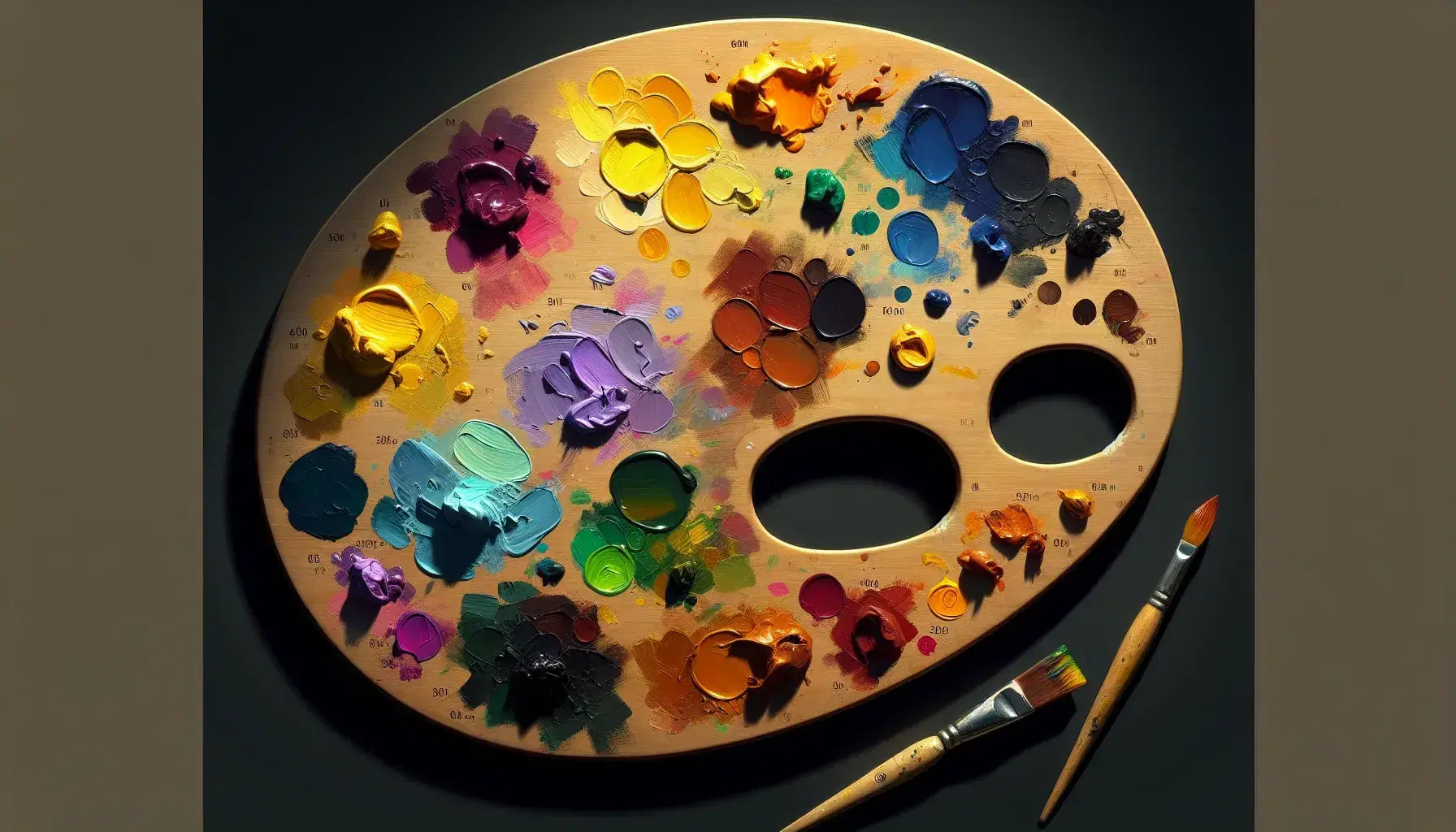 Tavolozza da artista in legno con colori primari e miscele, pennello fine e sfondo sfocato di cavalletto e tela.
