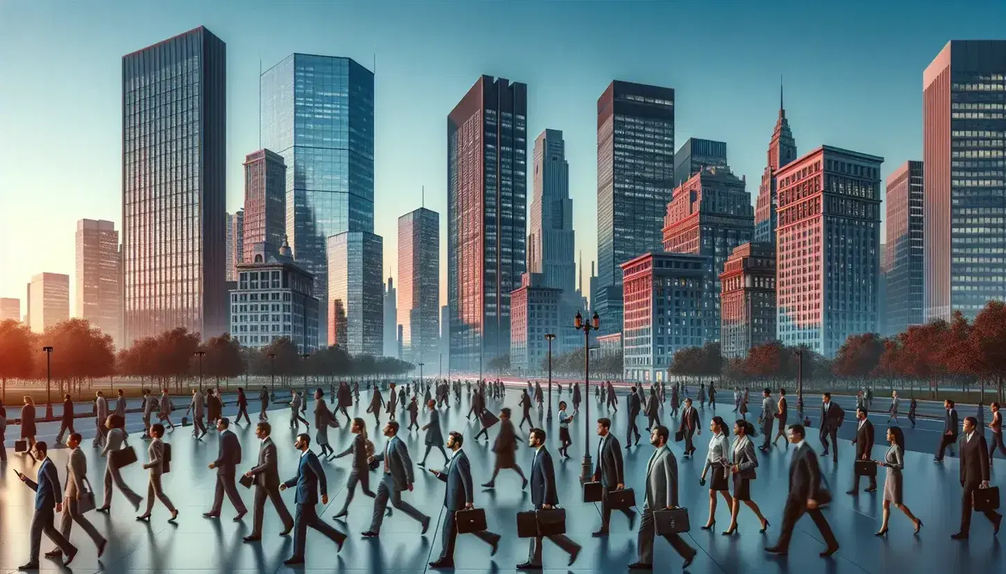 Diverse pedestrians in business attire walk on a city sidewalk at dusk, with modern and traditional buildings reflecting the sunset in a bustling urban scene.