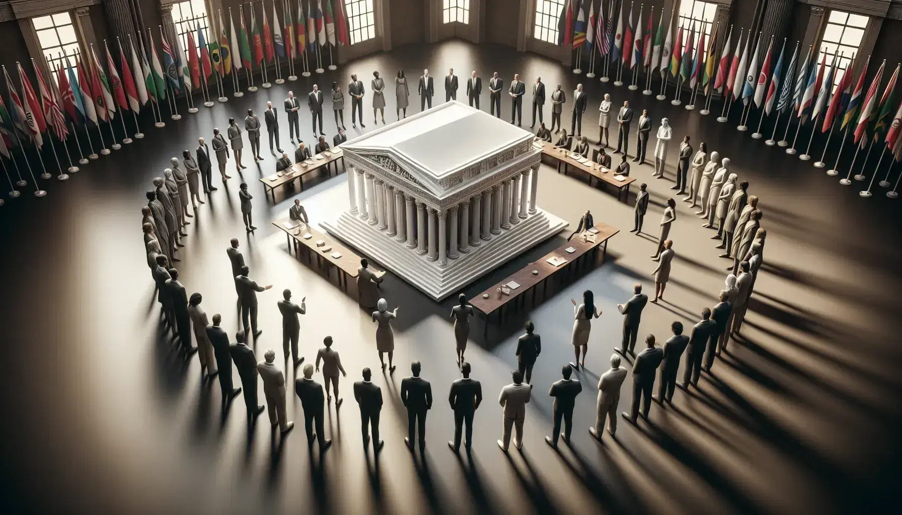 Grupo diverso de profesionales discutiendo alrededor de una mesa con maqueta de edificio clásico en el centro, bajo iluminación suave y banderas de colores de fondo.