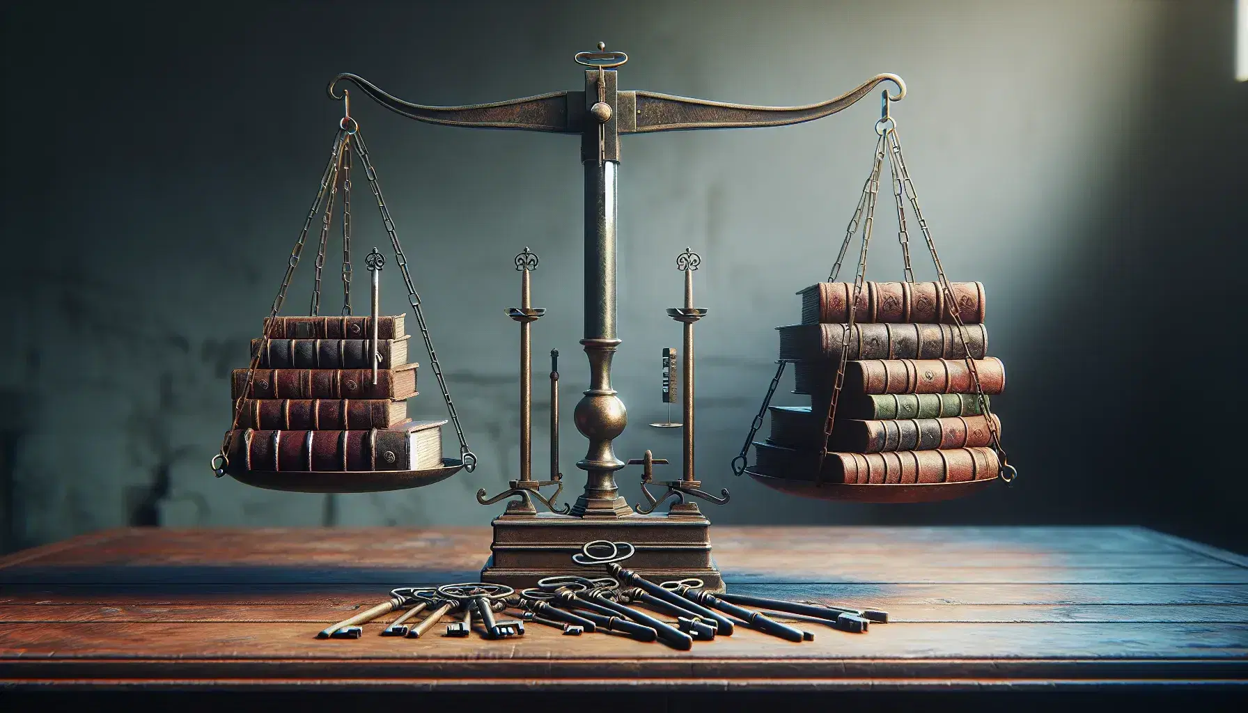 Bilancia antica in equilibrio su tavolo in legno con libri impilati in un piatto e mazzo di chiavi antiche nell'altro.