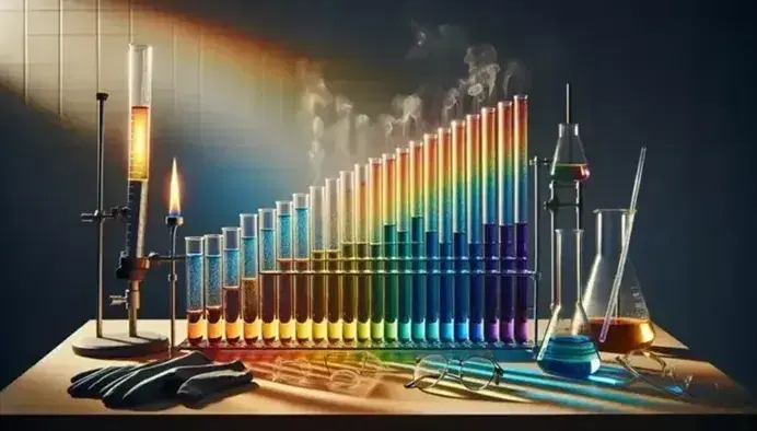 Provette di vetro con soluzioni colorate in gradazione arcobaleno su banco laboratorio, bruciatore acceso e attrezzature sicurezza.