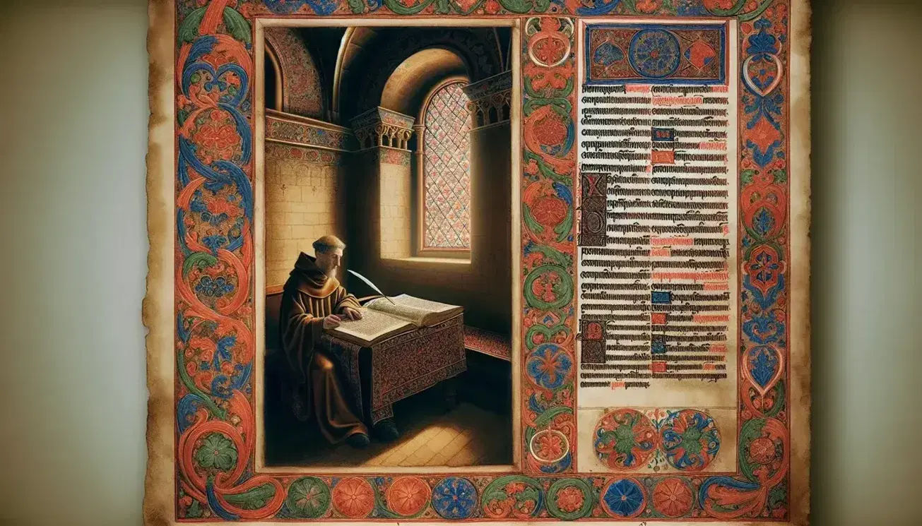 Manoscritto medievale miniato con monaco che scrive, ornamenti floreali e geometrici nei margini, colori vivaci e dettagli dorati.