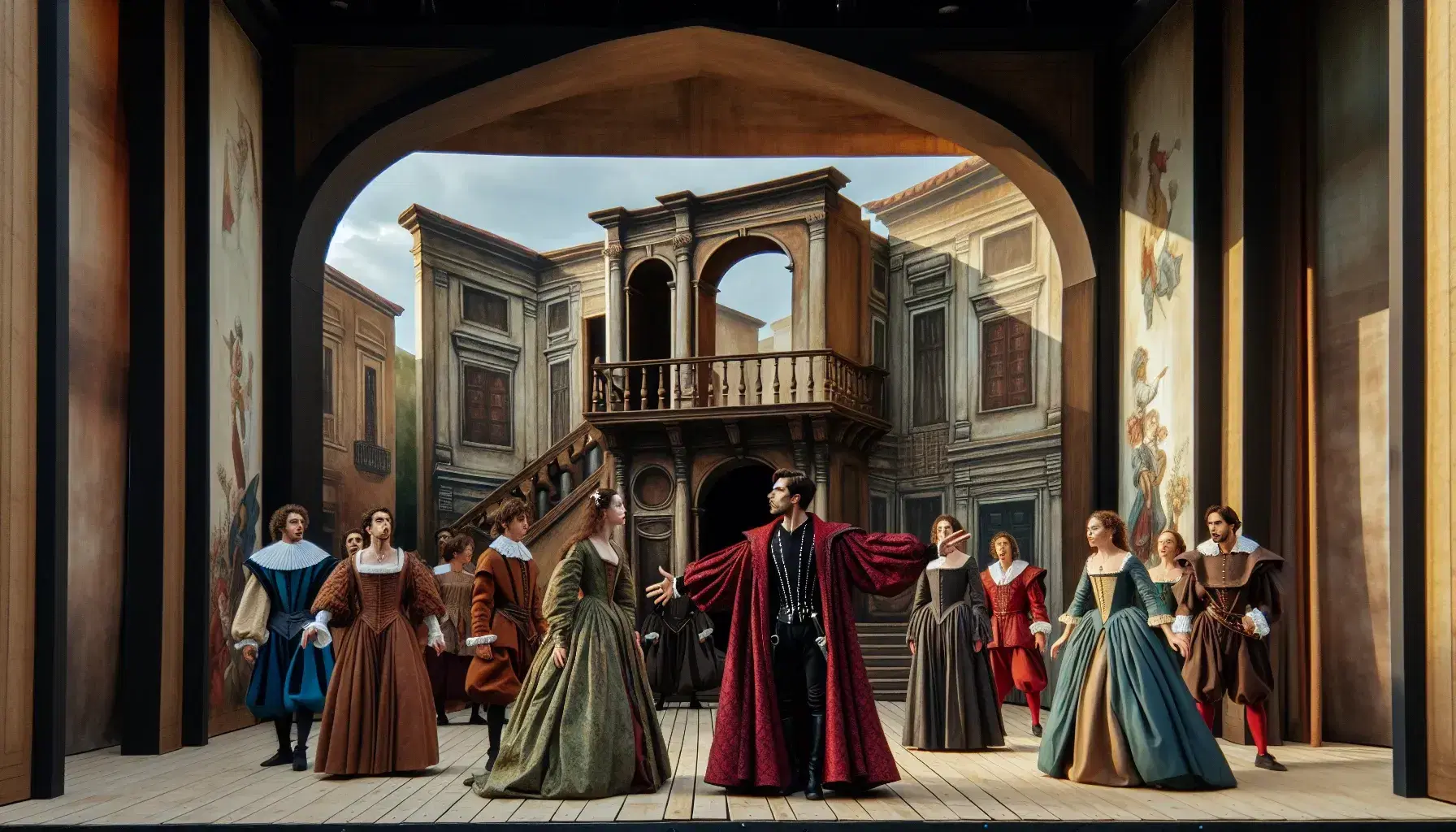 Escenario al aire libre con actores en vestuario de época representando una obra teatral, arco de proscenio de madera y decorado de ciudad del siglo XVII.