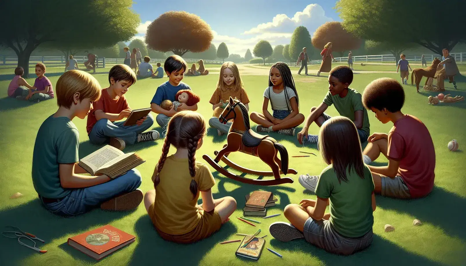 Niños y adolescentes diversos sentados en parque con un niño jugando en caballito de madera y una niña con muñeca de trapo, mientras otros leen libro y tablet.