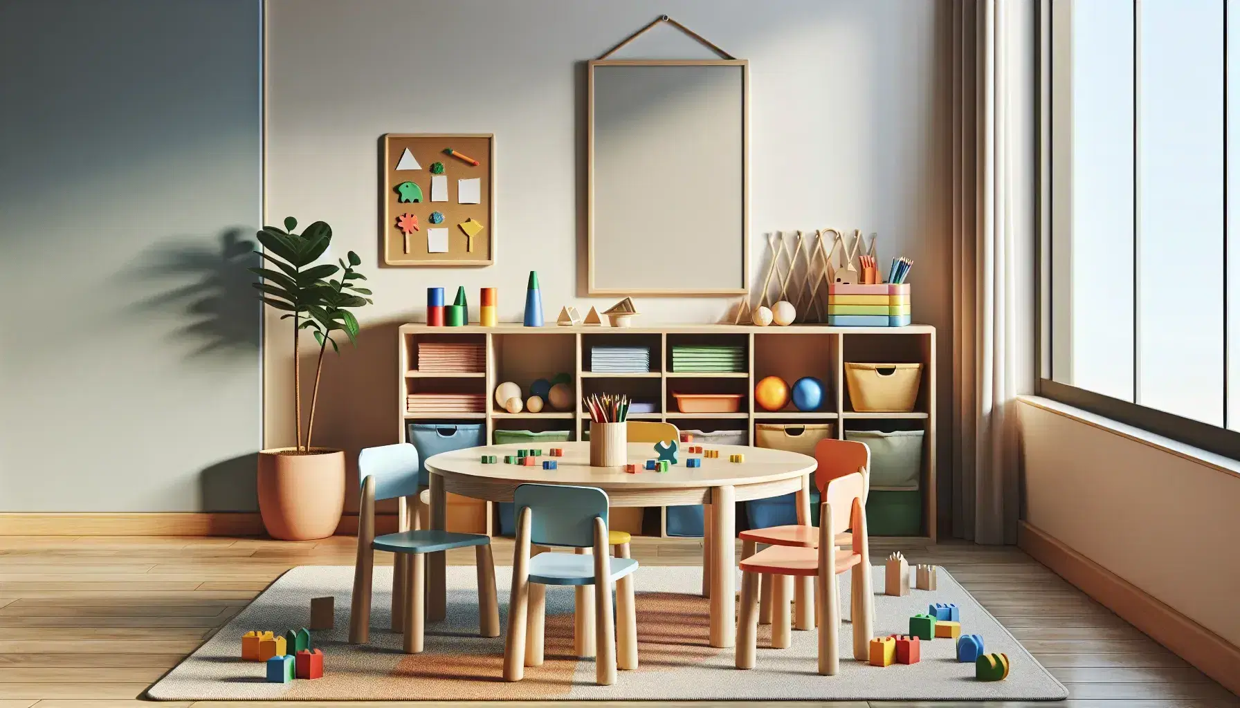 Aula de preescolar con mesa redonda de madera y sillas coloridas, bloques de construcción, papeles y lápices de colores, pizarra blanca y estantería con libros y juguetes educativos.