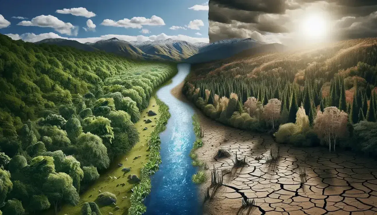Paesaggio diviso tra foresta rigogliosa con fiume limpido e montagne innevate a sinistra, e terreno arido con cielo grigio a destra, simbolo di cambiamenti climatici.