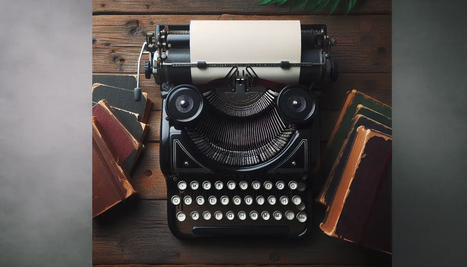 Vintage typewriter with blank paper on a wooden desk beside a stack of worn books and a potted plant, evoking a nostalgic writing ambiance.