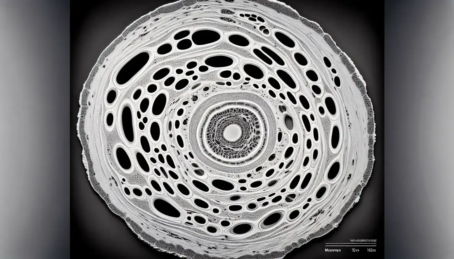 Sezione trasversale microscopica di osso umano con canale di Havers, lamelle ossee concentriche, lacune e canaliculi.