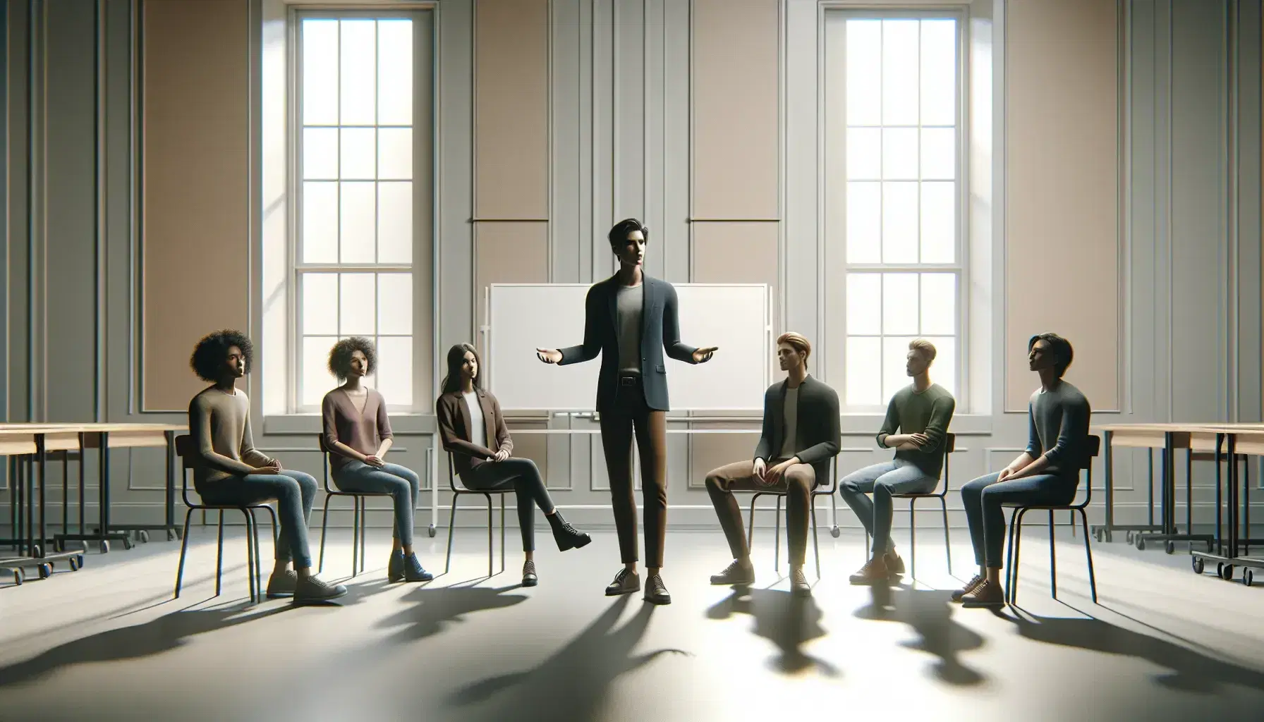 Grupo de cinco personas en aula, una de pie explicando y cuatro sentadas escuchando atentamente, con luz natural y pizarra blanca al fondo.