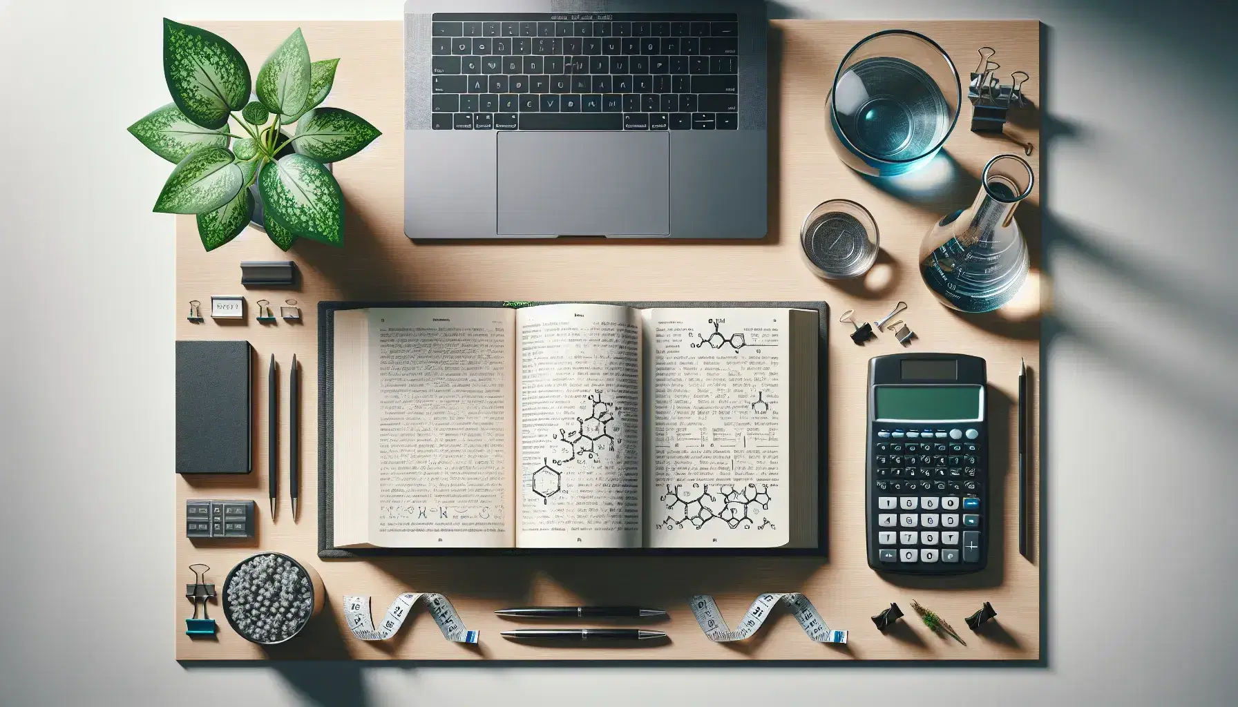 Organized desk with open book, graphing calculator, flask with blue liquid, green plant and glasses, for studies on Empirical Bayes methods.