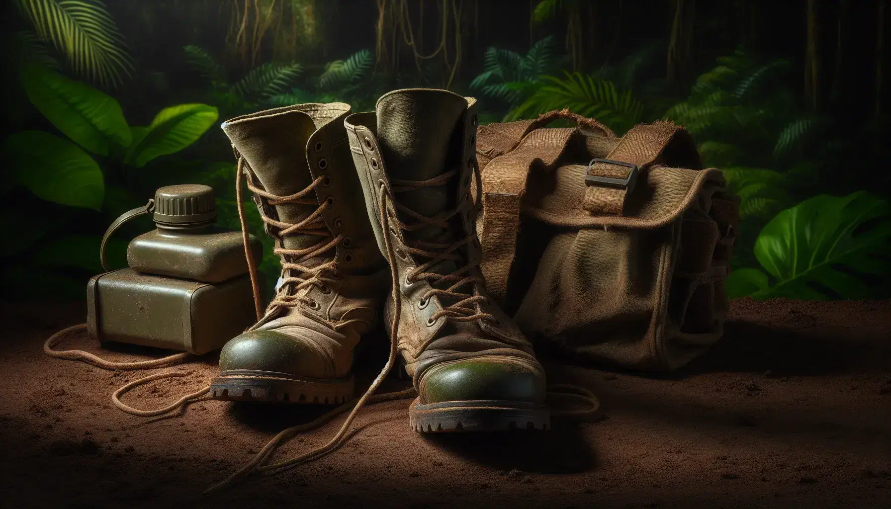 Worn olive green combat boots on dusty ground, one tipped over, beside a muddy rucksack with a canteen and map, against a dense jungle backdrop.