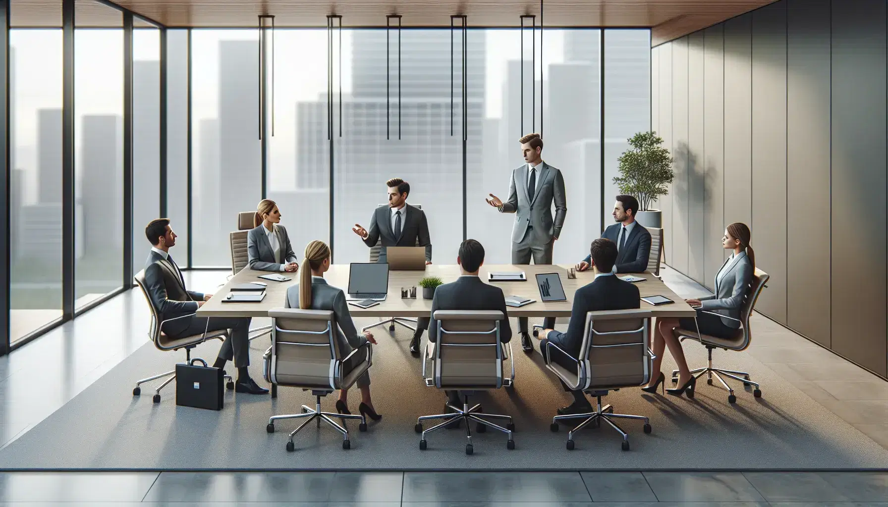 Reunión de negocios en oficina moderna con cinco profesionales alrededor de una mesa de conferencia, uno de pie presentando, en un ambiente iluminado y profesional.