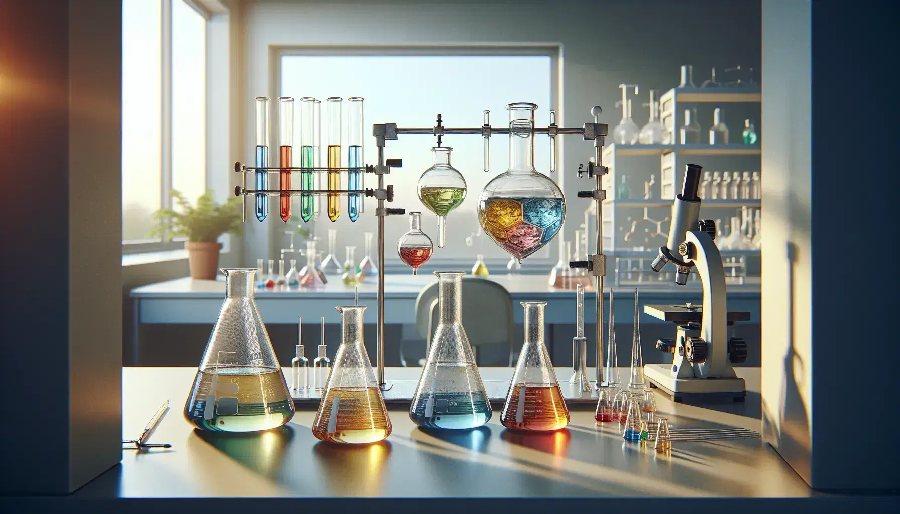 Laboratorio de química iluminado con luz natural, mesa con matraces Erlenmeyer de líquidos coloridos, embudo de separación, pipetas, balanza analítica, microscopio y científico analizando datos en computadora.