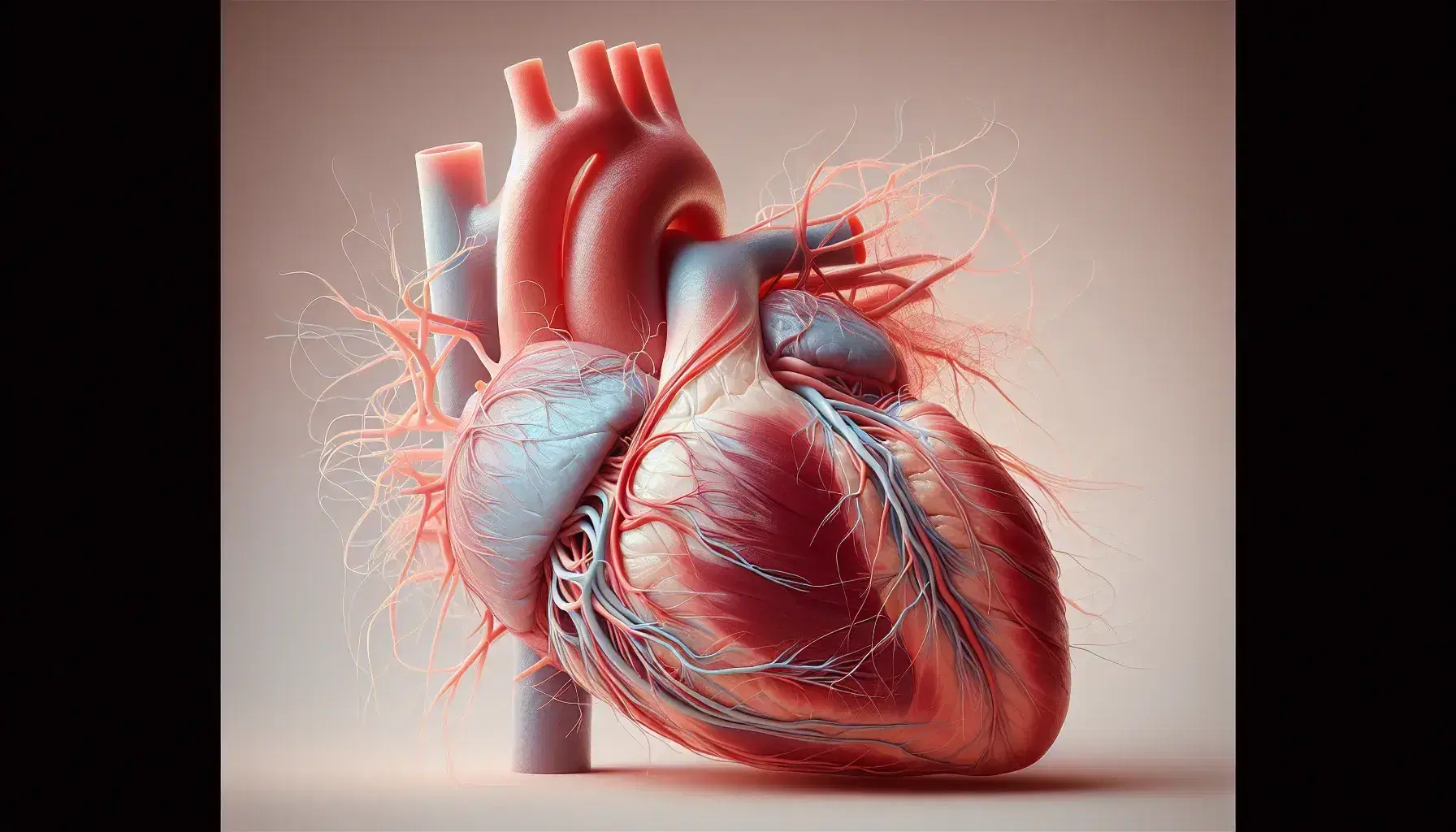 Representación tridimensional del corazón humano con transparencia que muestra cámaras internas y sistema de conducción eléctrica en fibras azules.