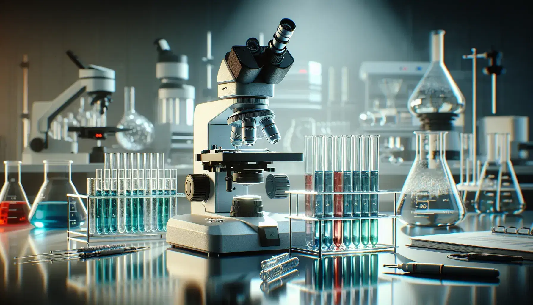 Laboratorio di genetica con microscopio moderno e provette colorate su tavolo illuminato, pipette automatiche e sfondo con attrezzature sfocate.