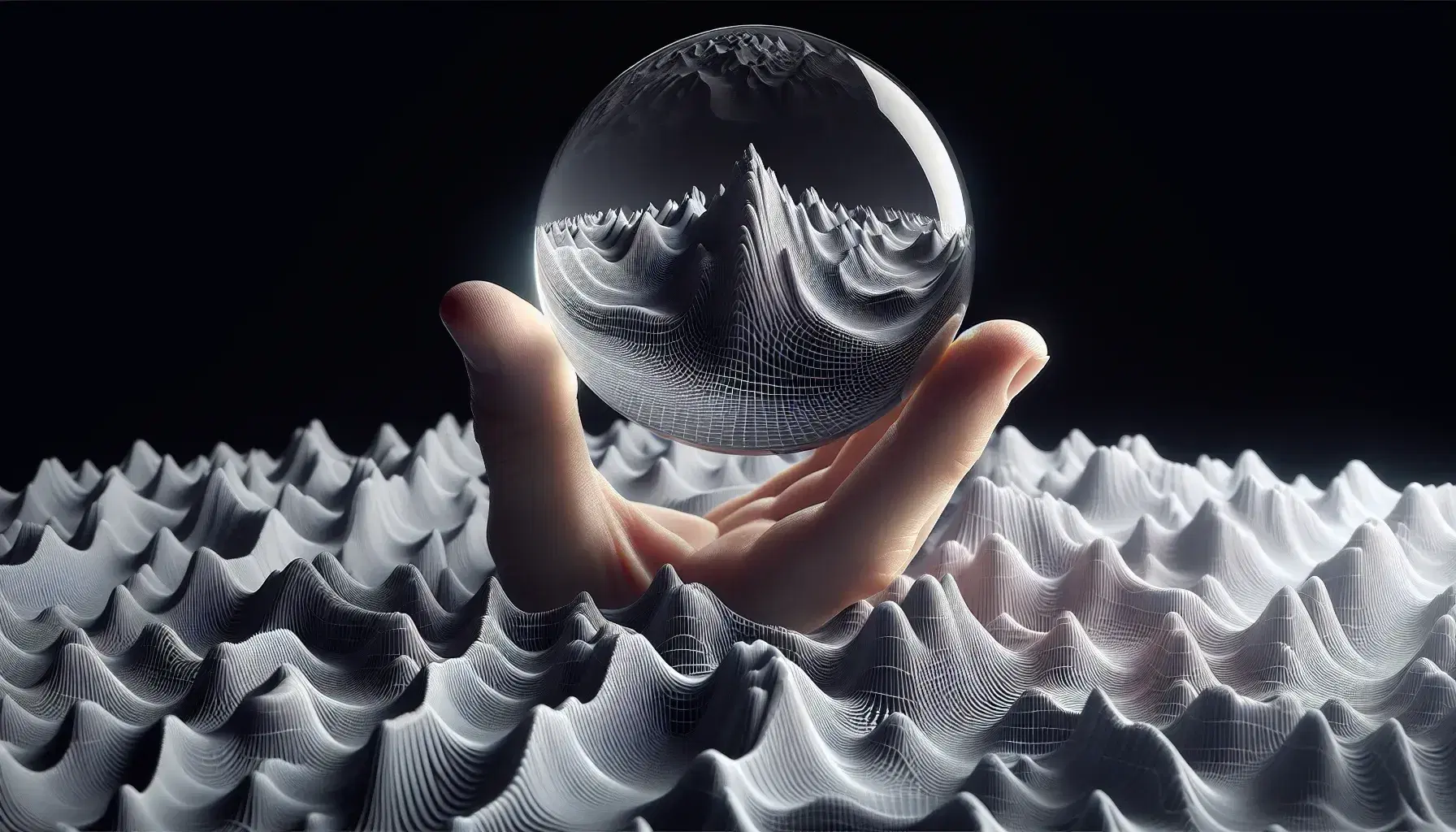 Close-up view of a hand holding a glass sphere magnifying a section of a 3D graph surface, highlighting peaks and valleys in vivid detail.