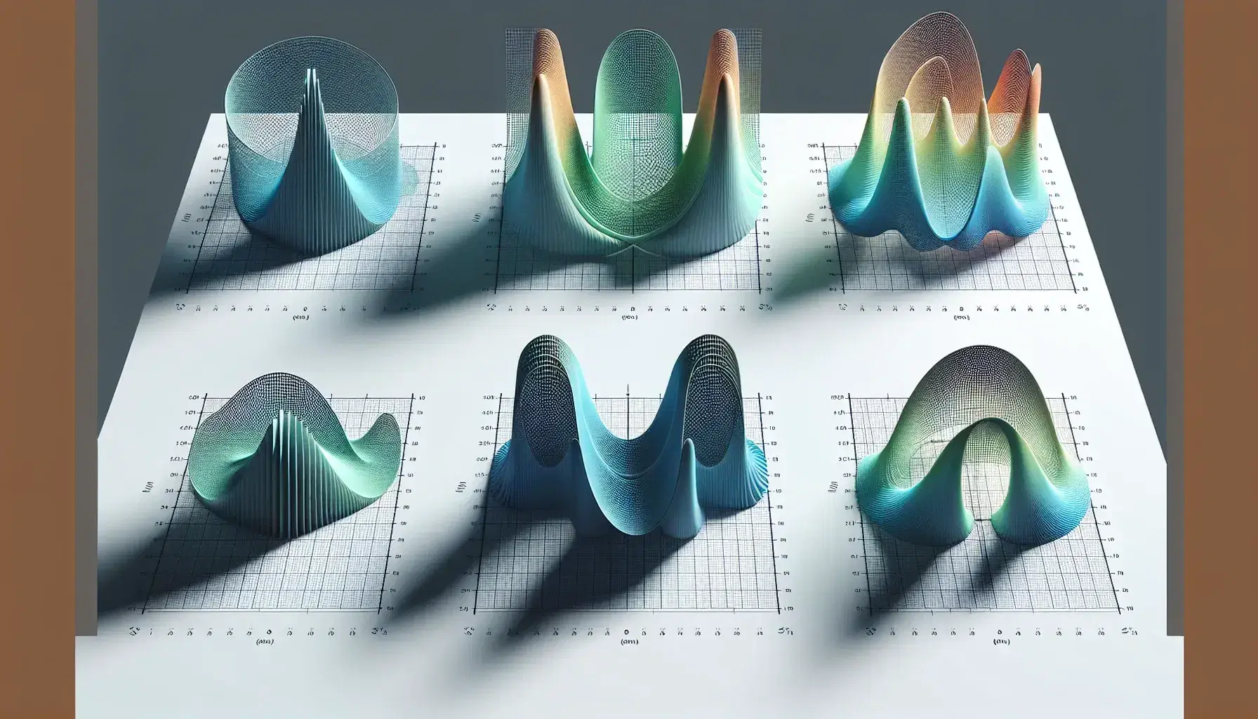 Three 3D graphs on Cartesian coordinates showing increasing complexity: a simple blue bell curve, a green W-shaped curve, and a red oscillating wave pattern.