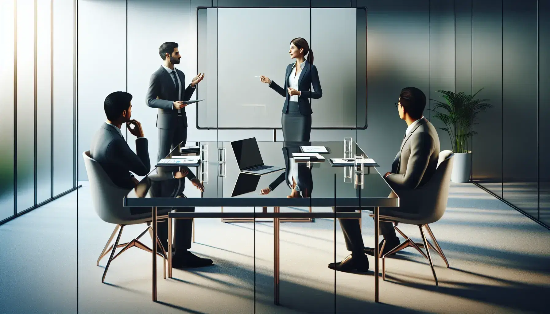 Professional business meeting with a saleswoman presenting to a South Asian man and a Hispanic woman, modern table with tech devices and a glass of water, clear whiteboard, and potted plant in the background.