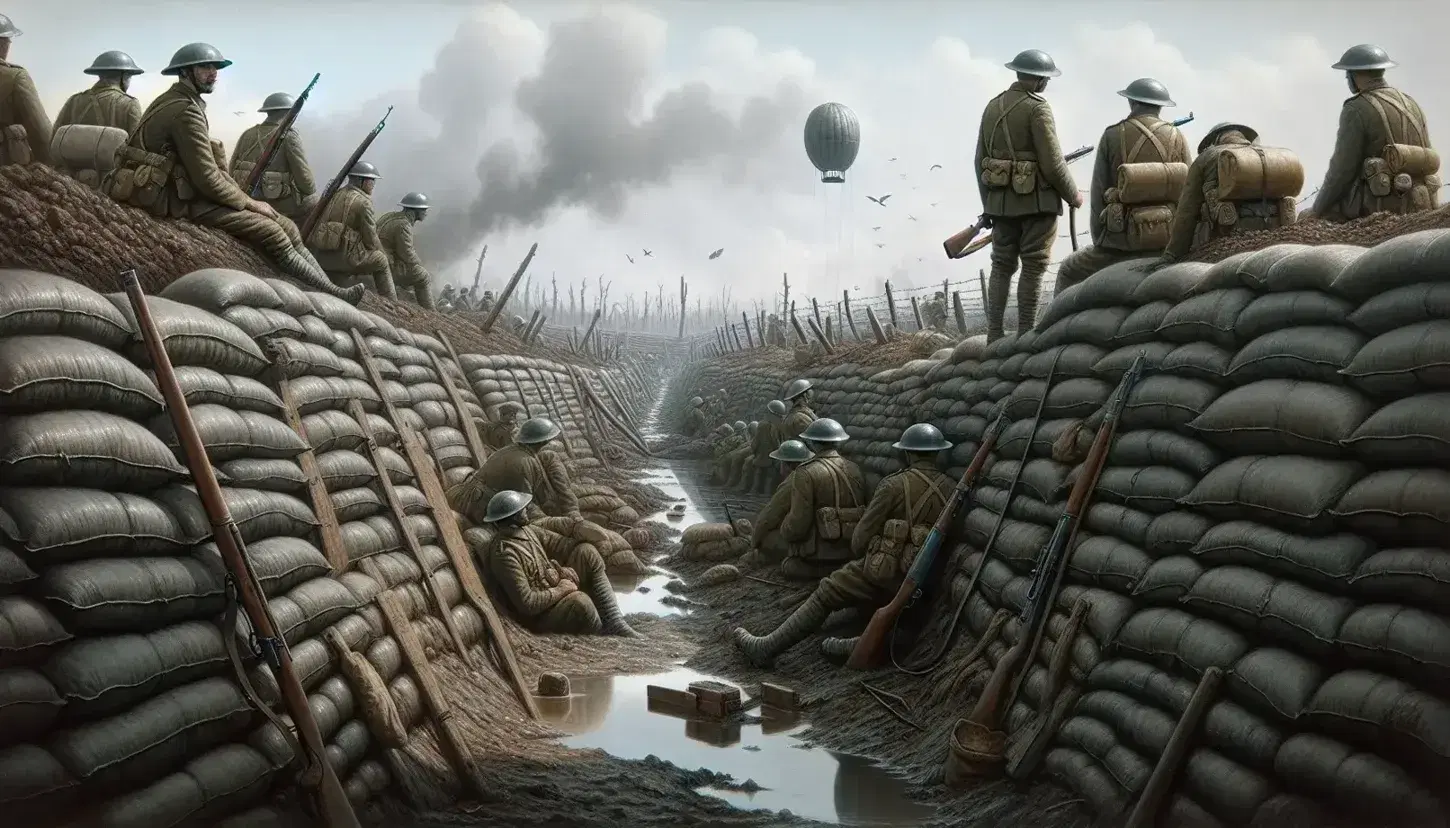 Scena di guerra di trincea nella Prima Guerra Mondiale con soldati in uniforme e elmetti, sacchi di sabbia, filo spinato e pallone di sorveglianza.