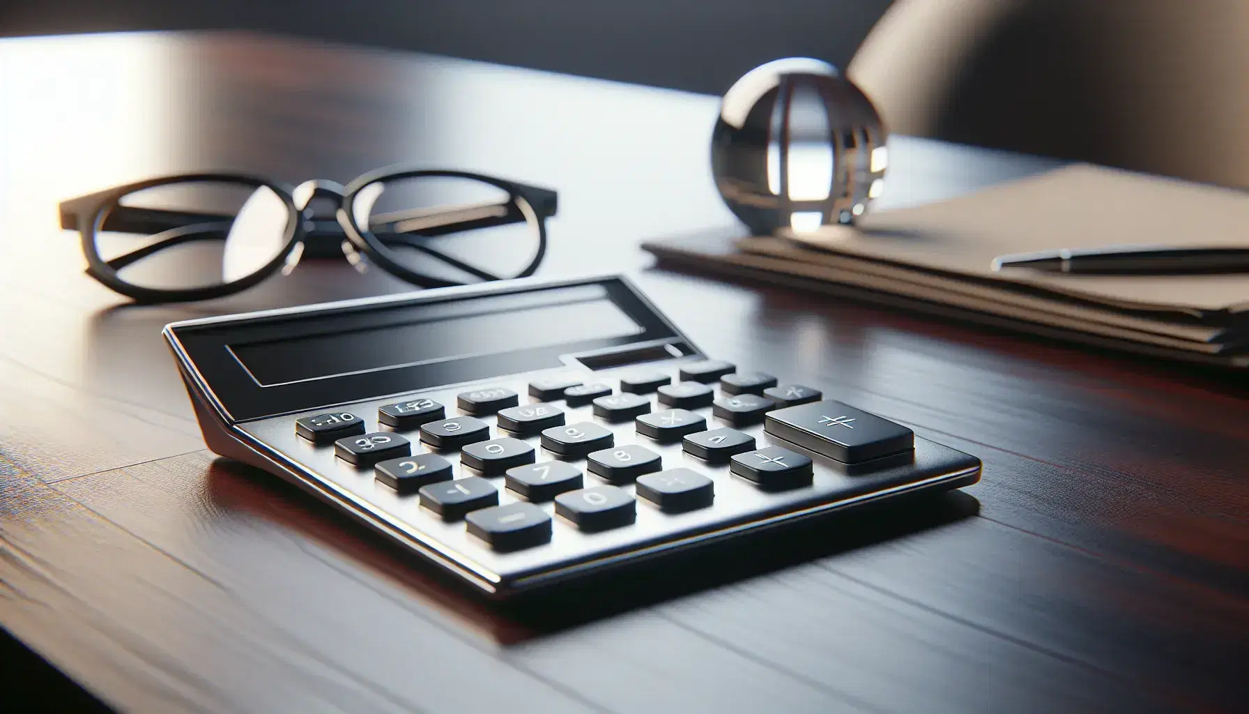 Modern silver calculator with black buttons on a wooden desk, accompanied by black-rimmed eyeglasses and a spherical crystal paperweight, in a softly lit office setting.